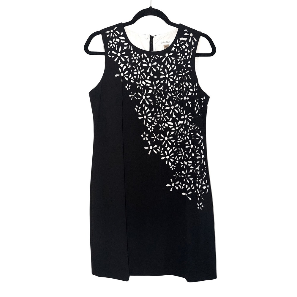 Calvin Klein Sheath Dress Womens 8 Black White Floral Laser Cut Sleeveless 54163